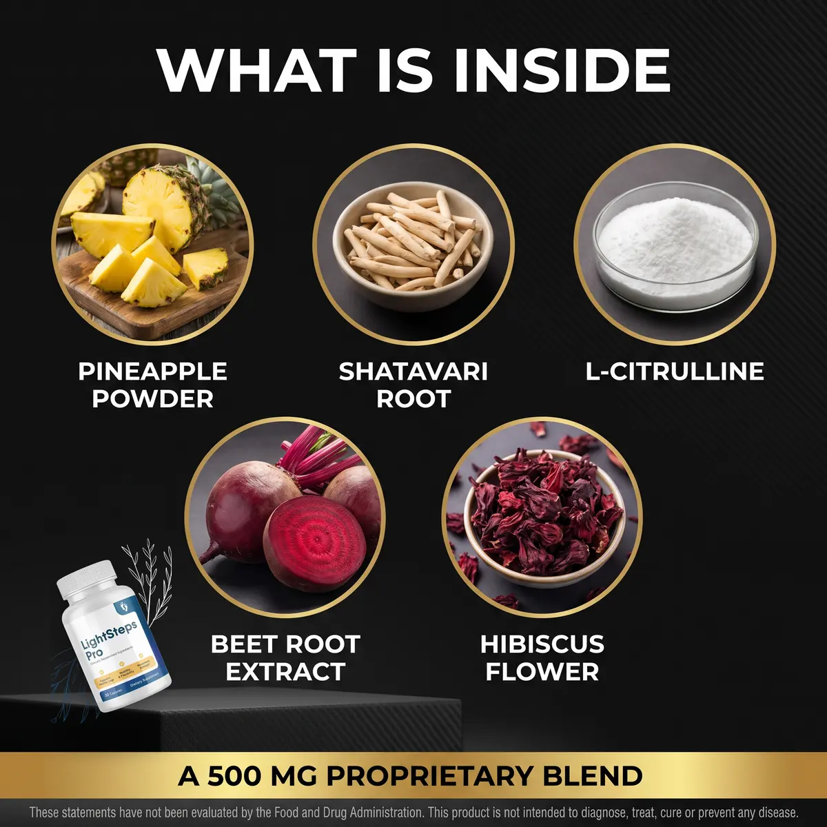What is inside LightSteps Pro: pineapple powder, shatavari root, L-citrulline, beet root extract and hibiscus flower